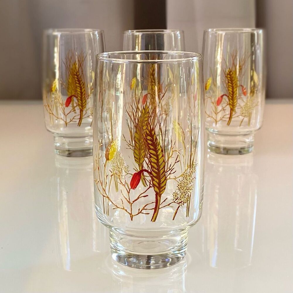 Vintage Libbey Set of 4 Footed Tall Wheat and Grass Drinking Glasses